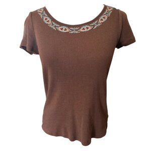 Ralph Lauren Brown Embroidered & Beaded Scoop Neck Short Sleeve Top XS Cotton